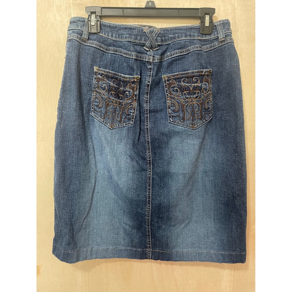 Kim Rogers Womens Y2K Denim Midi Skirt Embroidered Pockets Medium Wash Blue